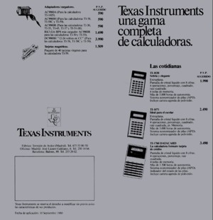 Folleto comercial de la gama de calculadoras Texas Instruments con sus precios Folleto comercial de la gama de calculadoras Texas Instruments con sus precios